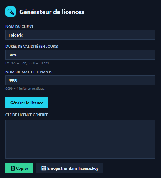 Licence generator: client name, validity in days, maximum tenants, generate, copy or save to license.key