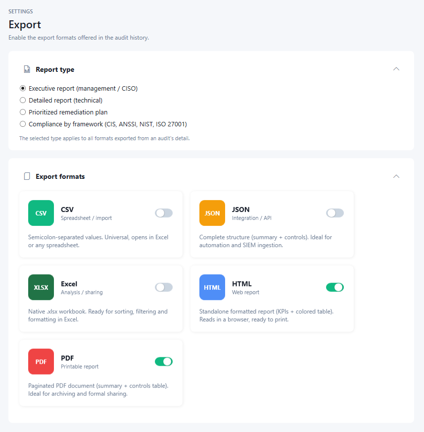 Export settings: report type selector and toggles for CSV, JSON, Excel, HTML and PDF output formats